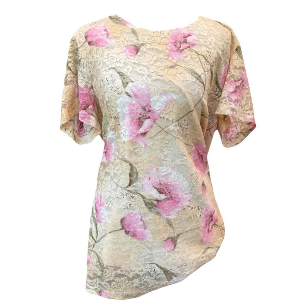 Y2K Deadstock New Serenade Goodys Beige top  pink floral flowers, size XL